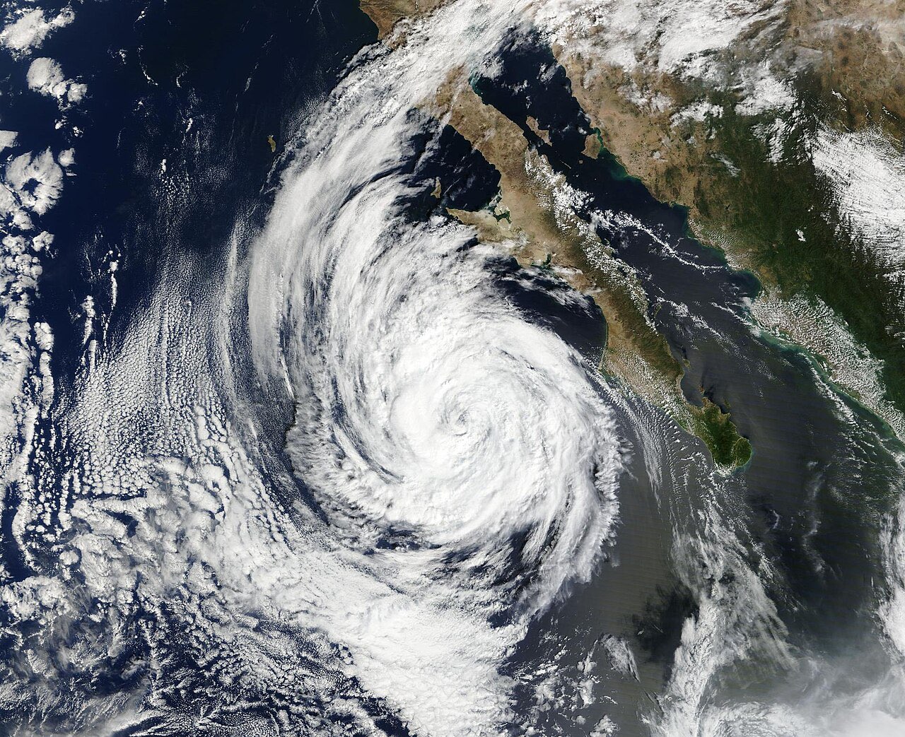 Satellite image of Hurricane Priscilla swirling off Mexico's Pacific coast and the Baja California peninsula